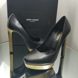 Yves Saint Laurent Black Gold Leather Heels 38.5